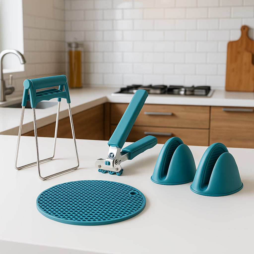 5pcs Heat Resistant Kitchen Tools Set Stainless Steel Plate Bowl Clips Non Slip Silicone Tongs Heatproof Gloves Anti Scald Grippers for Microwave, Air Fryer, Instant Pot Mor, Best for Christmas