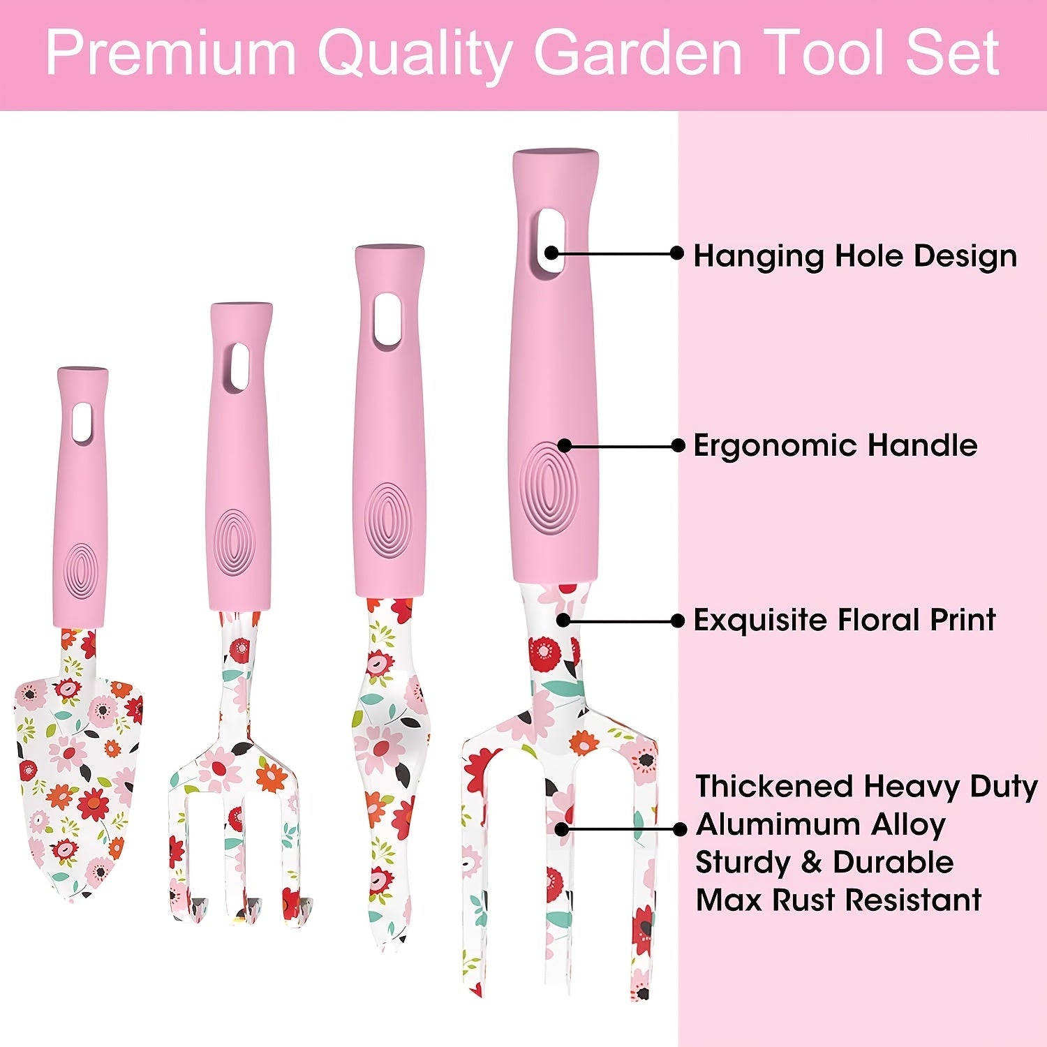 7pcs Floral Garden Tool Set for Women - Heavy-Duty Aluminum Alloy with Ergonomic Non-Slip Handles, Includes Gloves, Cute Pink Tote Bag with Flower Patterns - Perfect for Gardening Enthusiasts, Gardening Tool Set|Cute Gardenin