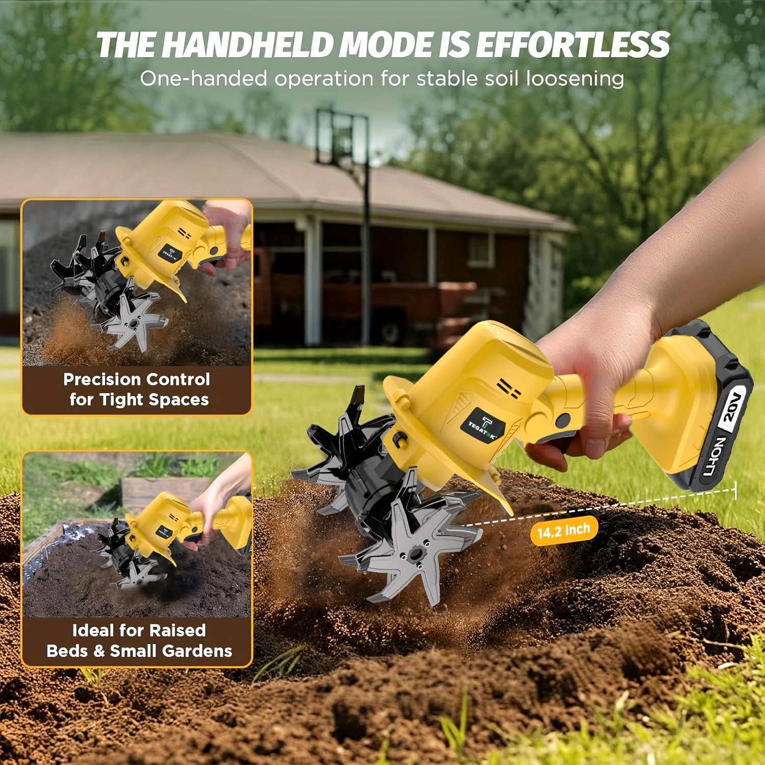 20V Cordless Tiller Cultivator, Electric Garden Tiller, Lightweight Handheld Tiller Cultivator, 9-inch Tilling Width & 6.6-inch Depth Rototiller, Equipped with 1 Or 2 Battery and Charger, Suitable for Turning Soil in Courtyar