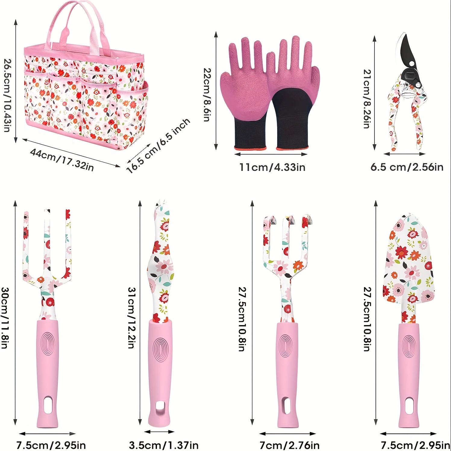 7pcs Floral Garden Tool Set for Women - Heavy-Duty Aluminum Alloy with Ergonomic Non-Slip Handles, Includes Gloves, Cute Pink Tote Bag with Flower Patterns - Perfect for Gardening Enthusiasts, Gardening Tool Set|Cute Gardenin