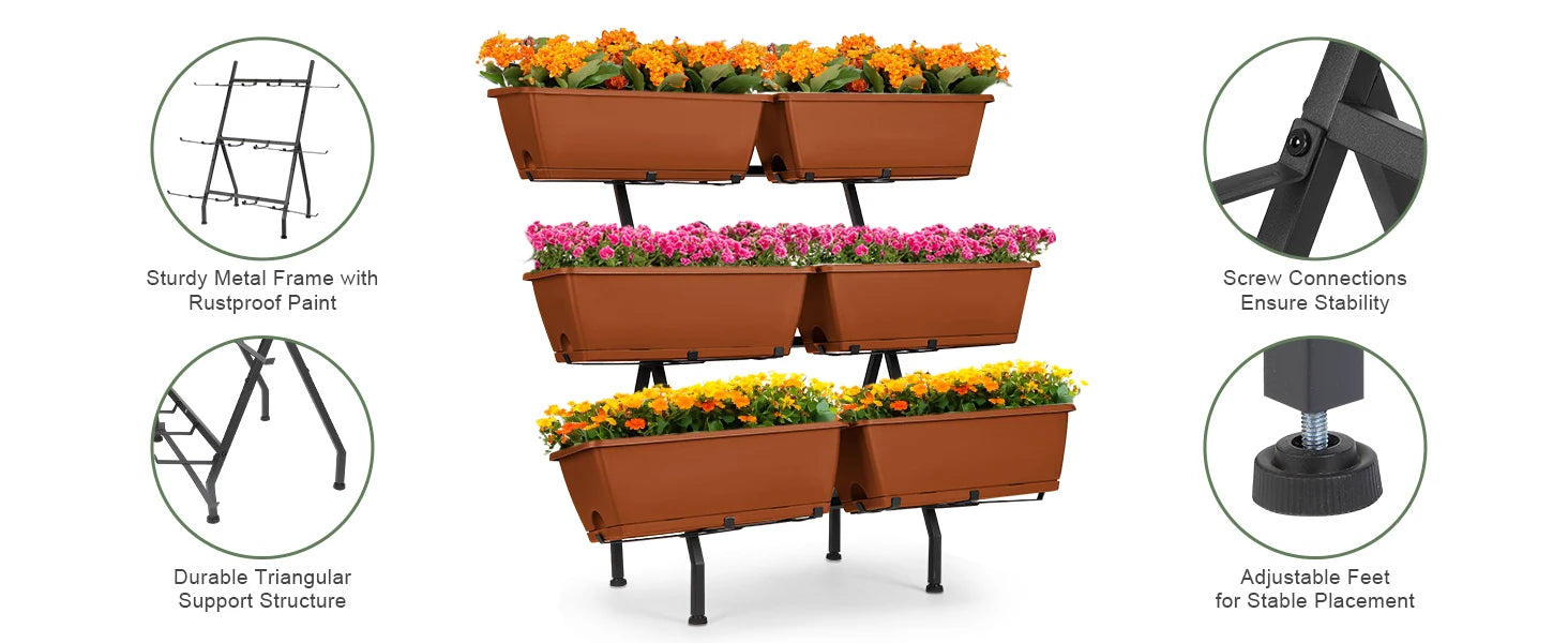 3-Tier Vertical Planter with 6 Boxes – Adjustable Raised Garden Bed (Red)