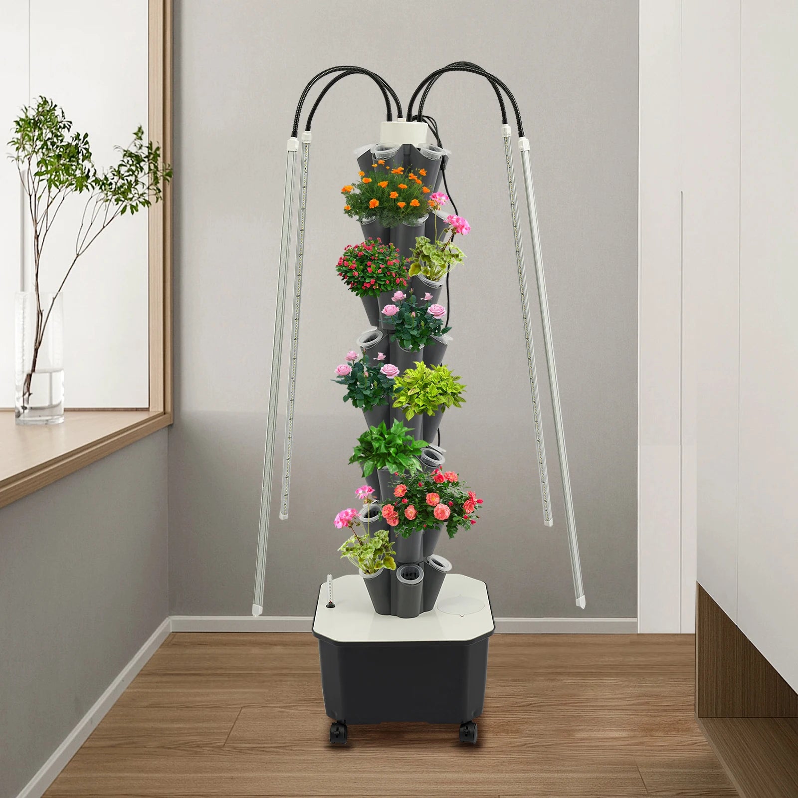 40-Plant Hydroponic Outdoor Indoor Vertical Garden Kit with 4 Wheels LED Hydroponics Growing Tower