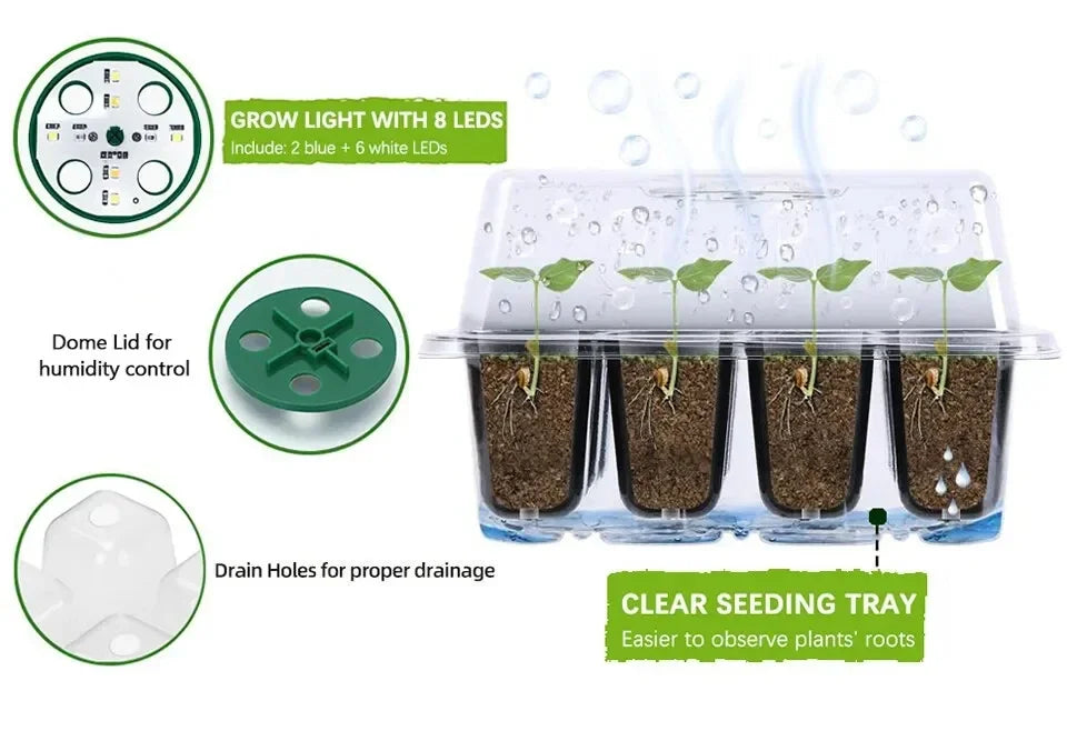 LED Grow Light Seed Starter Kit – 12-Cell Full Spectrum Germination Tray