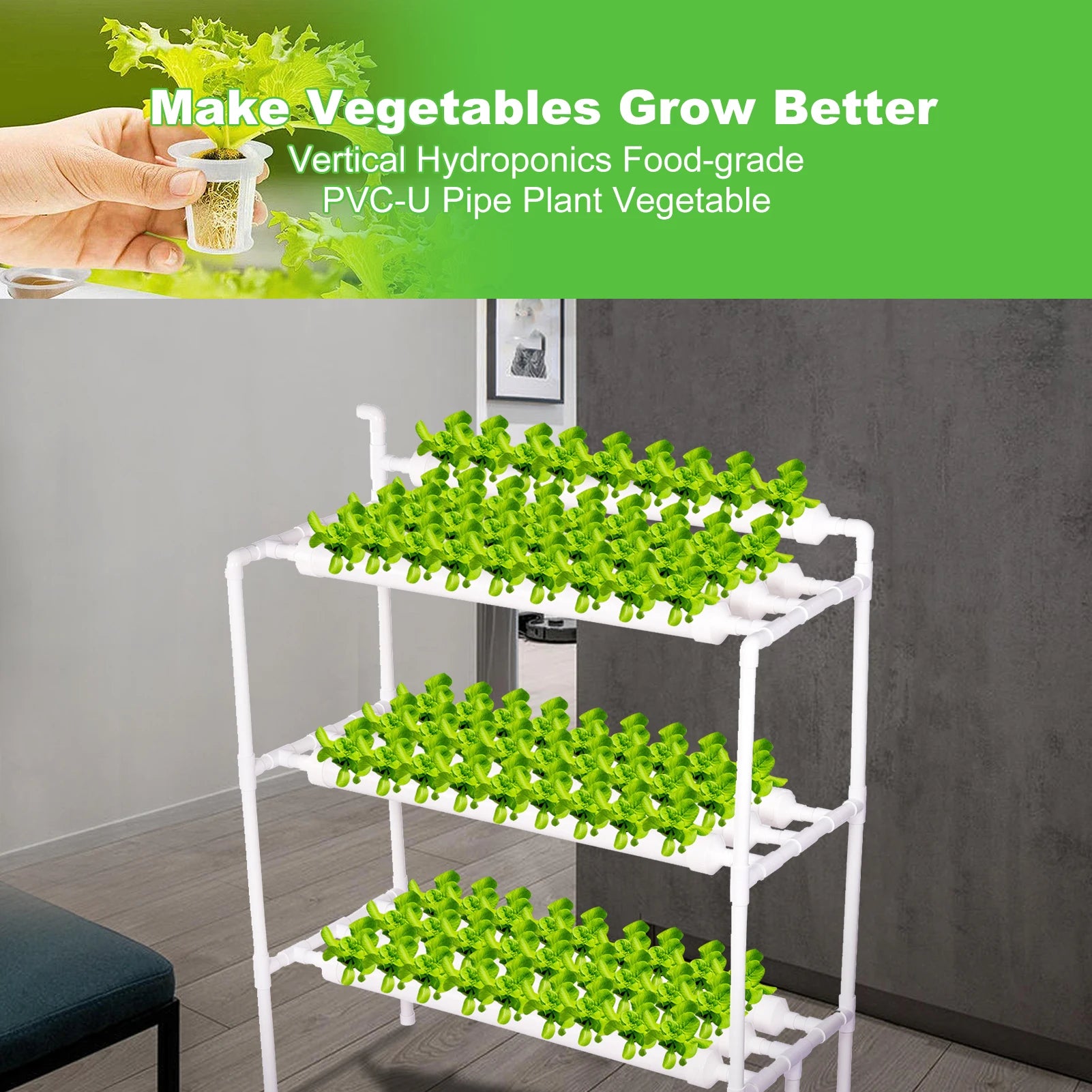 3-Layer Hydroponic Grow Kit with 90 Plant Sites, Durable PVC-U Pipes, for Homegrown Lettuce, Spinach, and Herbs