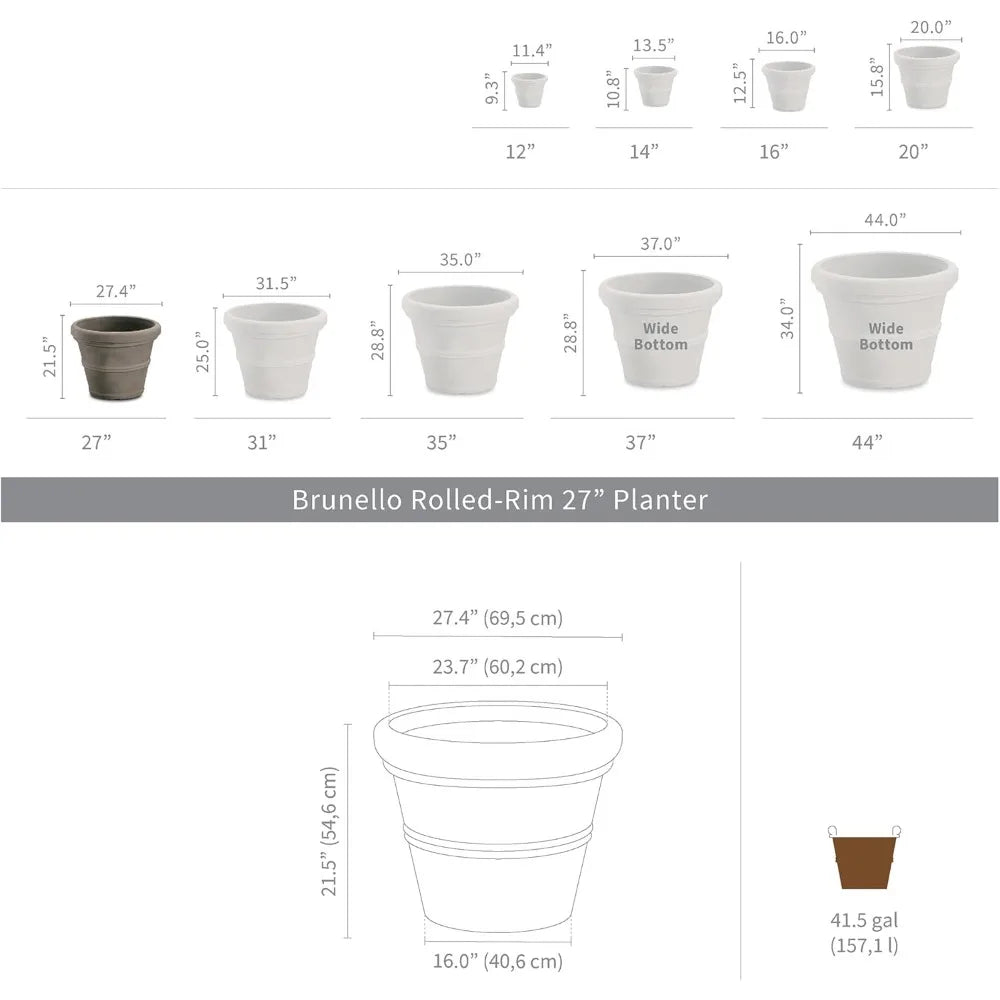 Brunello Classic Rolled Rim Planter – Large Indoor/Outdoor Flower Pot