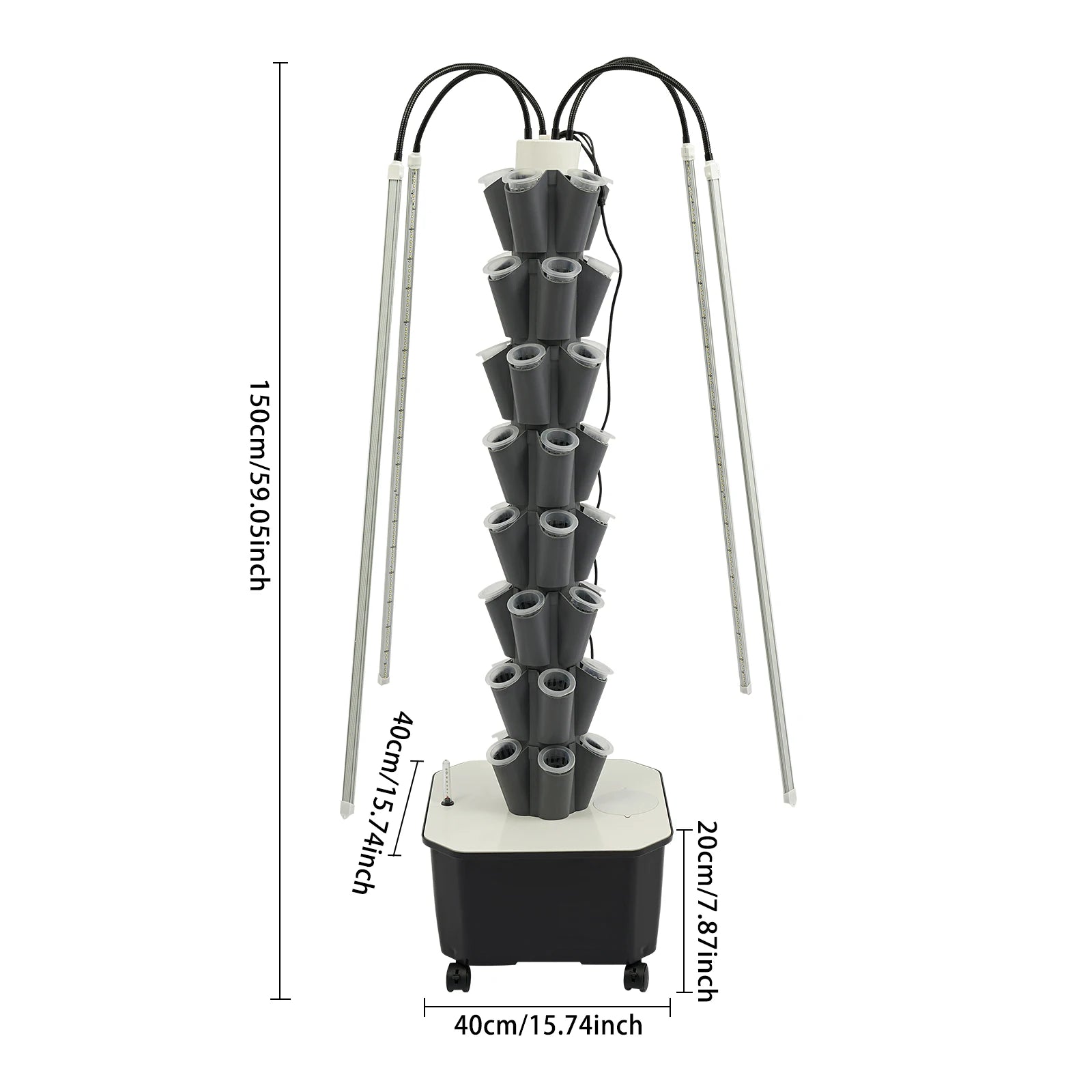40-Plant Hydroponic Outdoor Indoor Vertical Garden Kit with 4 Wheels LED Hydroponics Growing Tower