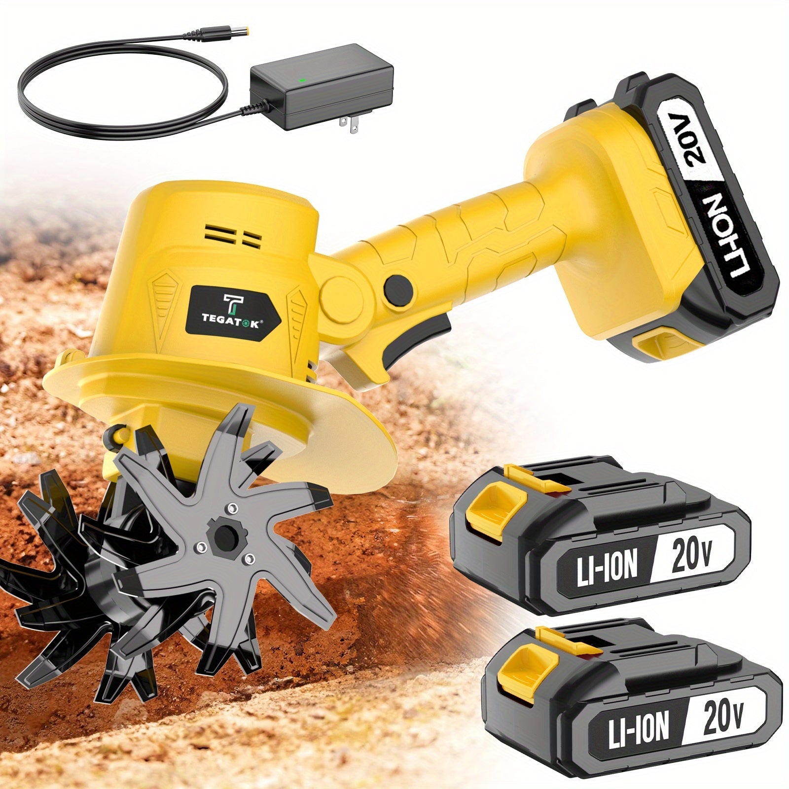 20V Cordless Tiller Cultivator, Electric Garden Tiller, Lightweight Handheld Tiller Cultivator, 9-inch Tilling Width & 6.6-inch Depth Rototiller, Equipped with 1 Or 2 Battery and Charger, Suitable for Turning Soil in Courtyar