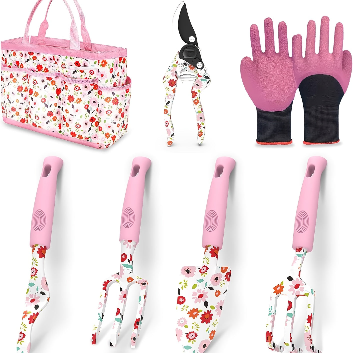 7pcs Floral Garden Tool Set for Women - Heavy-Duty Aluminum Alloy with Ergonomic Non-Slip Handles, Includes Gloves, Cute Pink Tote Bag with Flower Patterns - Perfect for Gardening Enthusiasts, Gardening Tool Set|Cute Gardenin