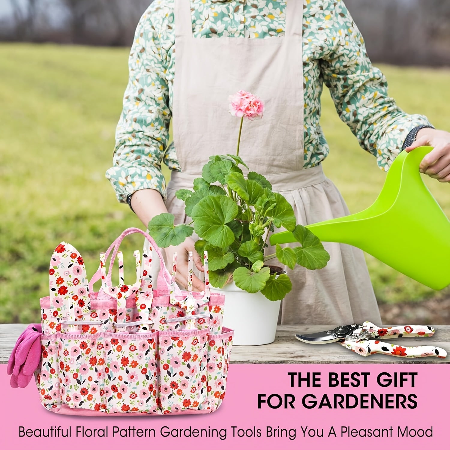 7pcs Floral Garden Tool Set for Women - Heavy-Duty Aluminum Alloy with Ergonomic Non-Slip Handles, Includes Gloves, Cute Pink Tote Bag with Flower Patterns - Perfect for Gardening Enthusiasts, Gardening Tool Set|Cute Gardenin