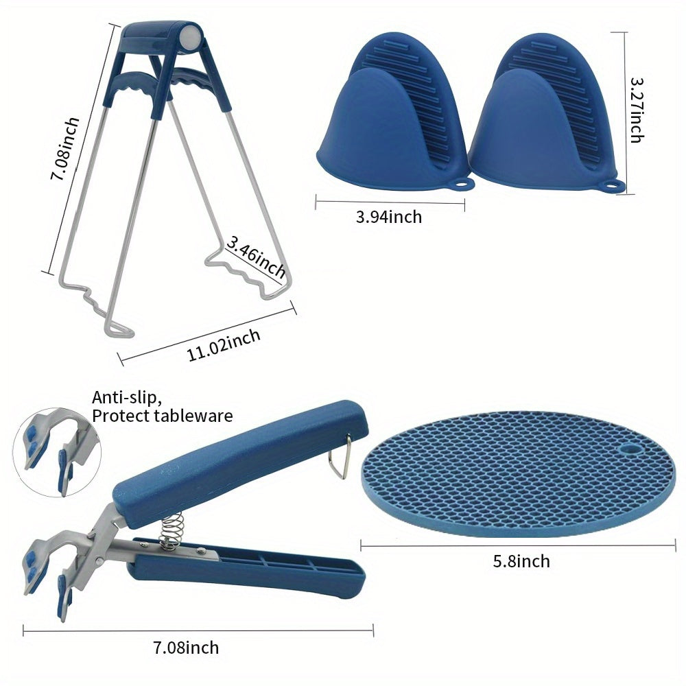 5pcs Heat Resistant Kitchen Tools Set Stainless Steel Plate Bowl Clips Non Slip Silicone Tongs Heatproof Gloves Anti Scald Grippers for Microwave, Air Fryer, Instant Pot Mor, Best for Christmas