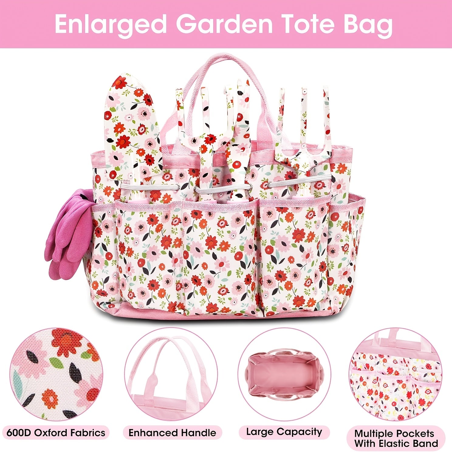 7pcs Floral Garden Tool Set for Women - Heavy-Duty Aluminum Alloy with Ergonomic Non-Slip Handles, Includes Gloves, Cute Pink Tote Bag with Flower Patterns - Perfect for Gardening Enthusiasts, Gardening Tool Set|Cute Gardenin