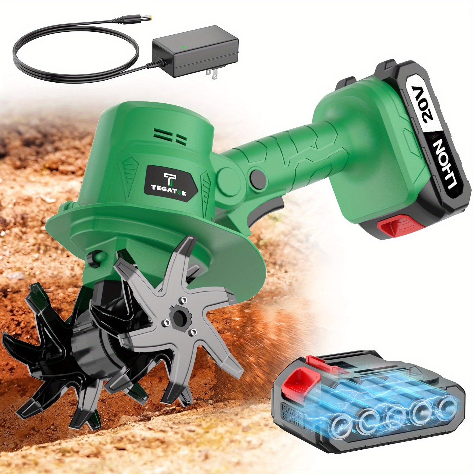 20V Cordless Tiller Cultivator, Electric Garden Tiller, Lightweight Handheld Tiller Cultivator, 9-inch Tilling Width & 6.6-inch Depth Rototiller, Equipped with 1 Or 2 Battery and Charger, Suitable for Turning Soil in Courtyar